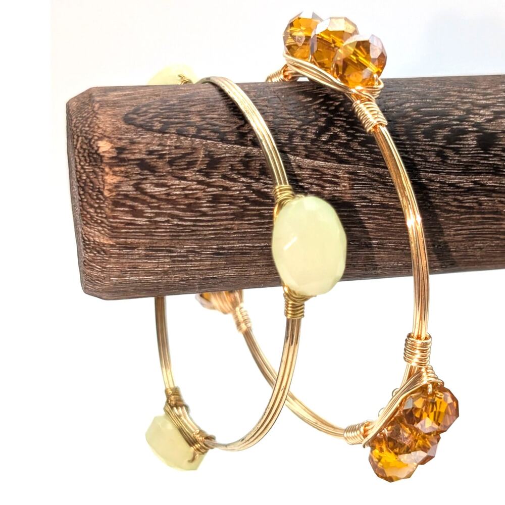 Two Gold Tone Wire Wrapped Beaded Bangle Bracelets